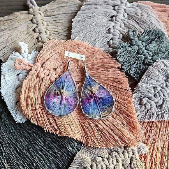 Large Teardrop Dangling Multicolor String Wrapped Earrings - Picture 4 of 14